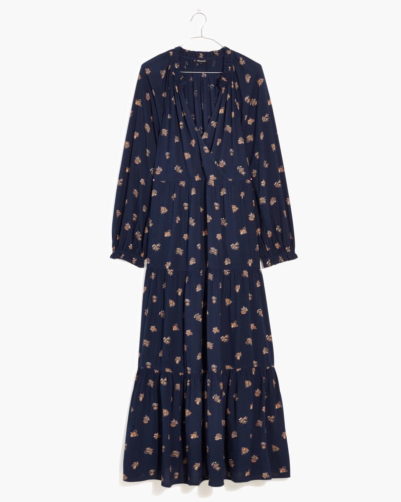 Front of a size 1X LS FAUX WRAP TIERED MIDI- PRINT in Navy / Ivory by Madewell. | dia_product_style_image_id:250060